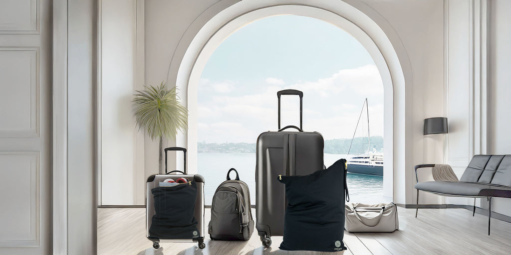 Collection of black suitcases and Ornadi  waterproof bags in a modern hotel lobby with a large window sailboat view.
