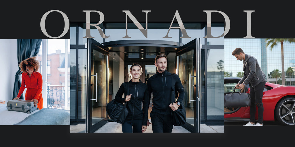 Collage of people with travel luggage featuring the brand 'ORNADI' at the top.