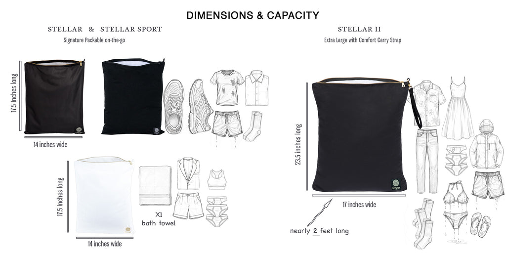 Diagram comparing dimensions and capacity of Ornadi Stellar and Stellar Sport travel laundry bags with illustrations of clothing items.